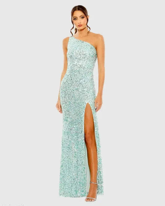 Blue Sequined One Shoulder Gown With Slit