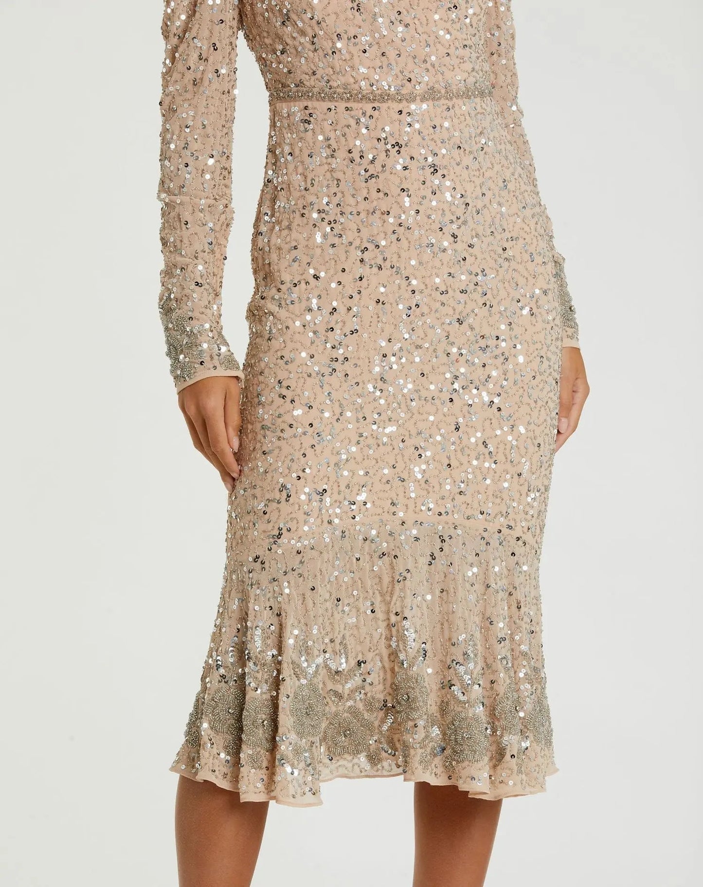 Beige Sequin Dress with Beaded Hemline and Belt