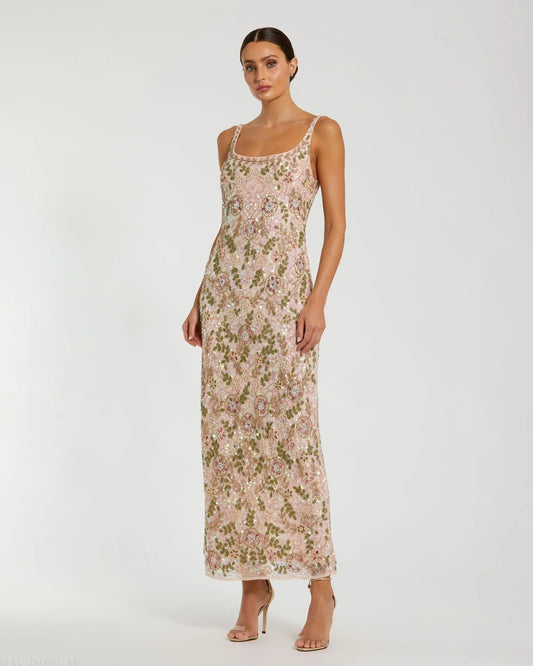 Pink Sleeveless Hand Embellished Floral Maxi Dress