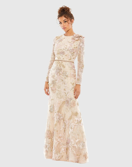 Pink and Beige Embroidered Lace Trumpet Evening Dress