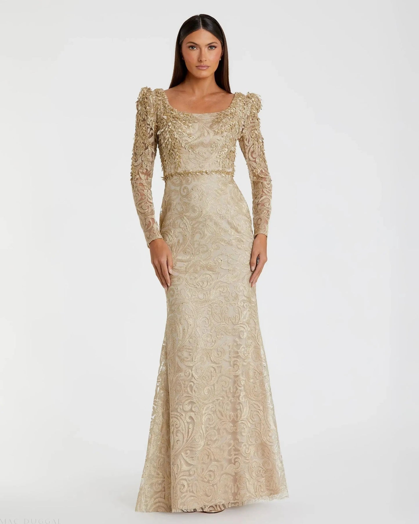 Gold Long Sleeve Embroidered Applique Trumpet Gown