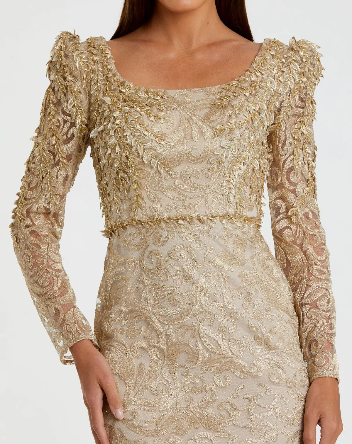 Gold Long Sleeve Embroidered Applique Trumpet Gown