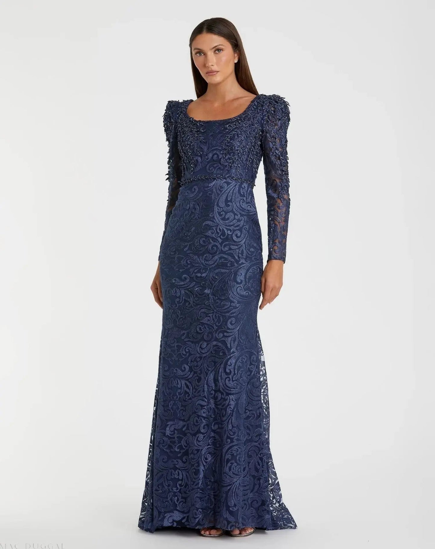 Navy Long Sleeve Embroidered Applique Trumpet Gown