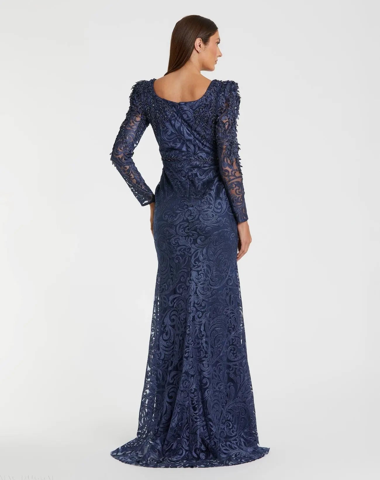 Navy Long Sleeve Embroidered Applique Trumpet Gown