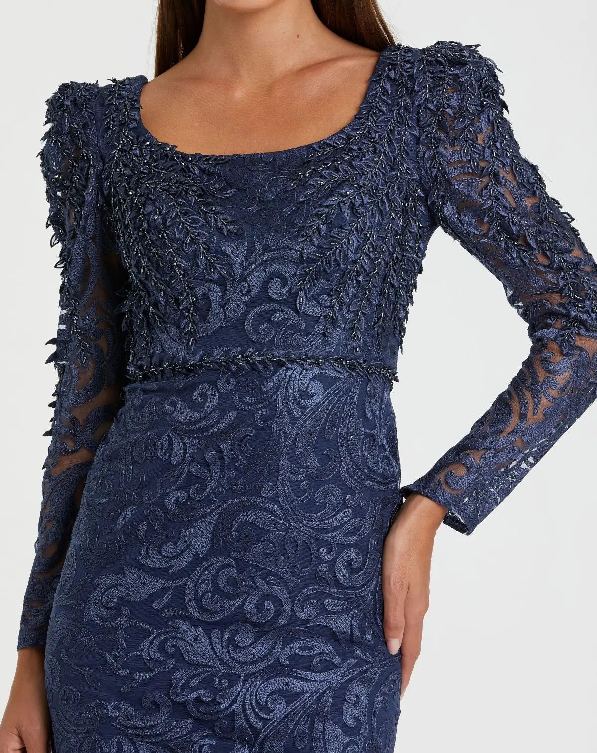 Navy Long Sleeve Embroidered Applique Trumpet Gown