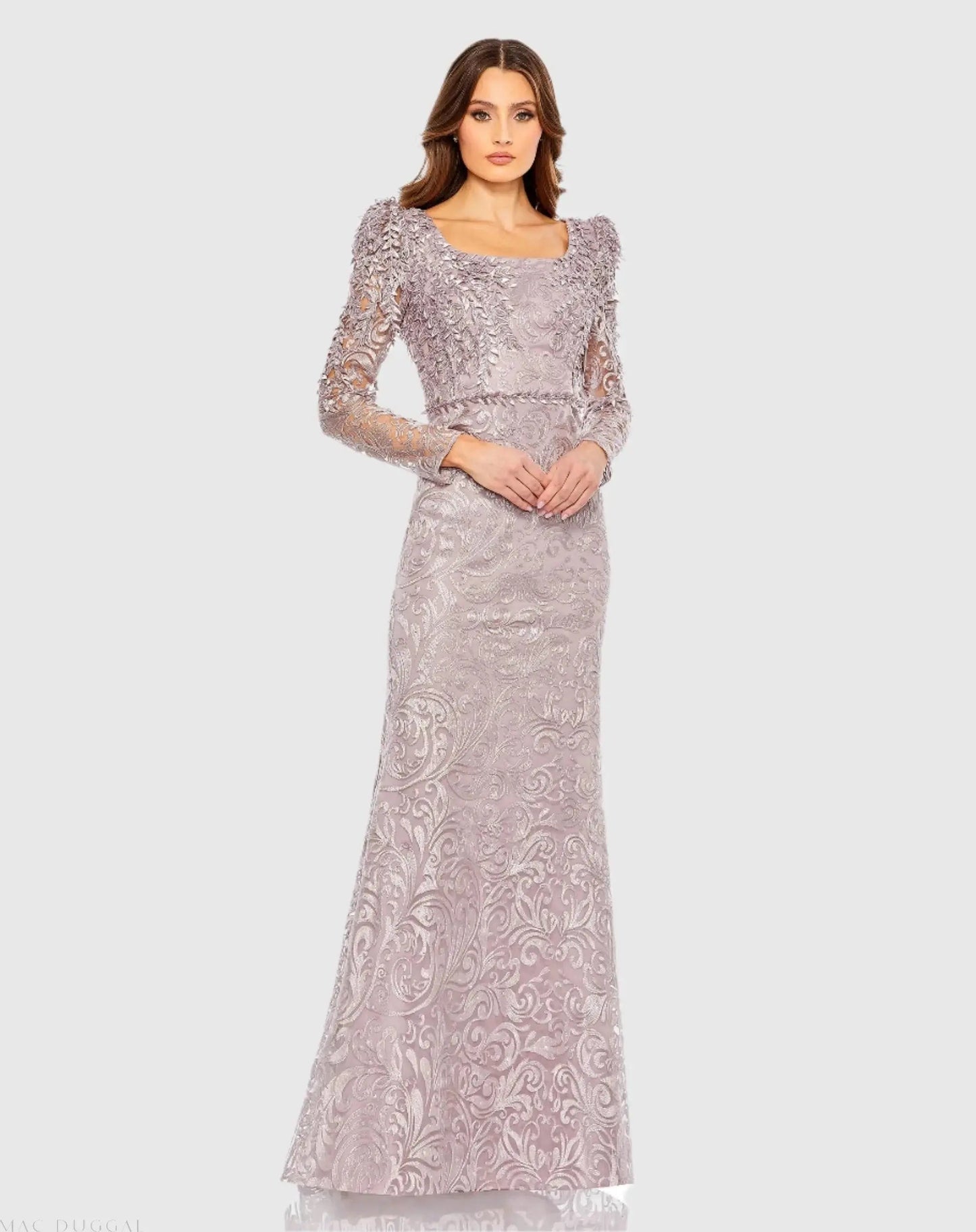 Purple Long Sleeve Embroidered Applique Trumpet Gown
