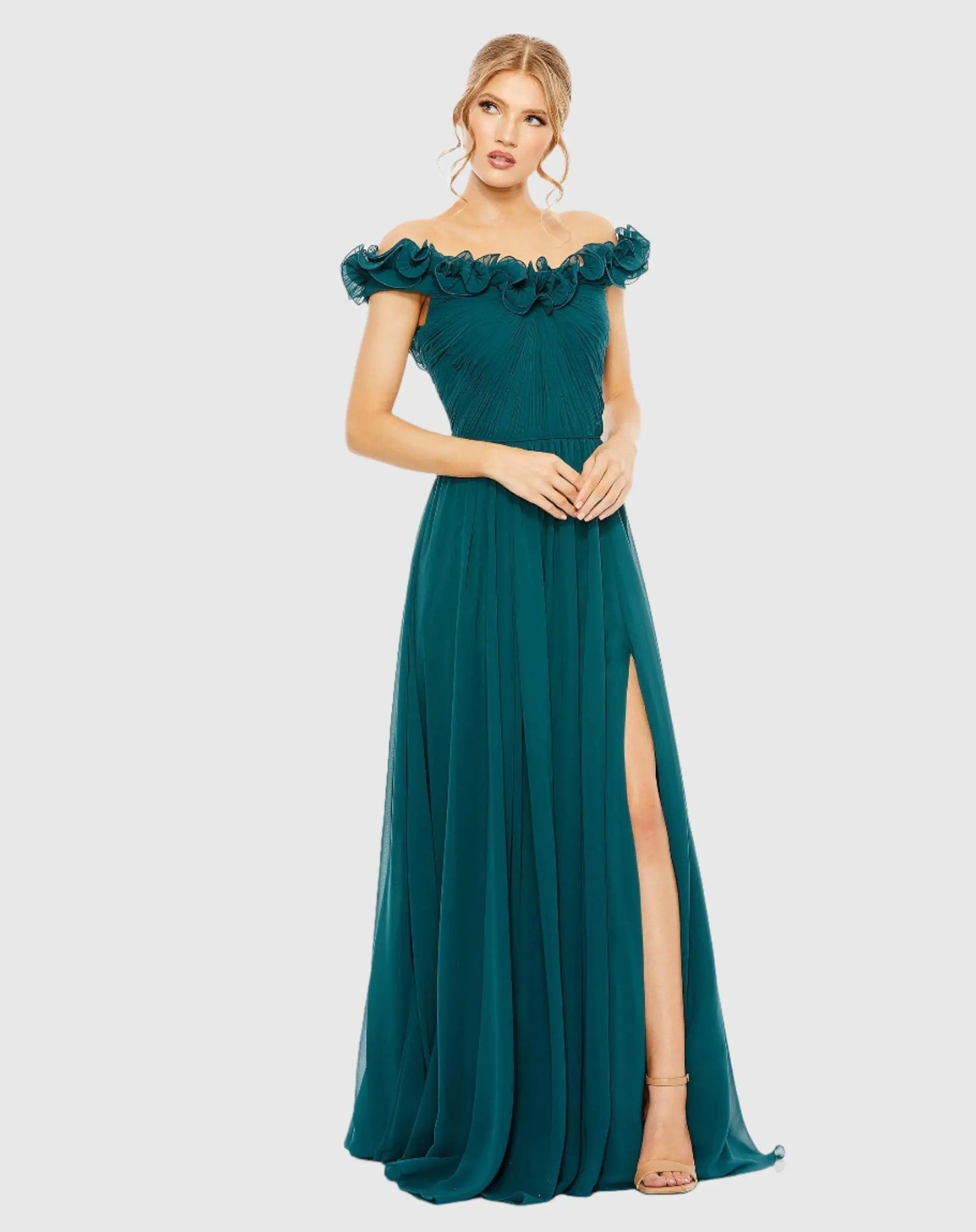 Teal Ruched Off The Shoulder A Line Gown