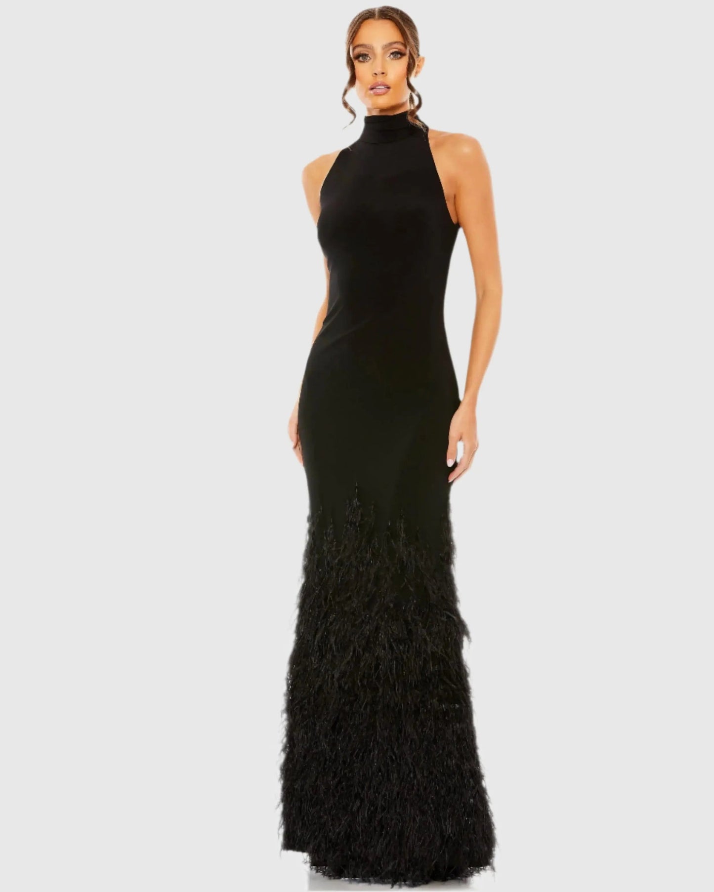 Black Jersey Halter Gown with Feather Tiered Detail