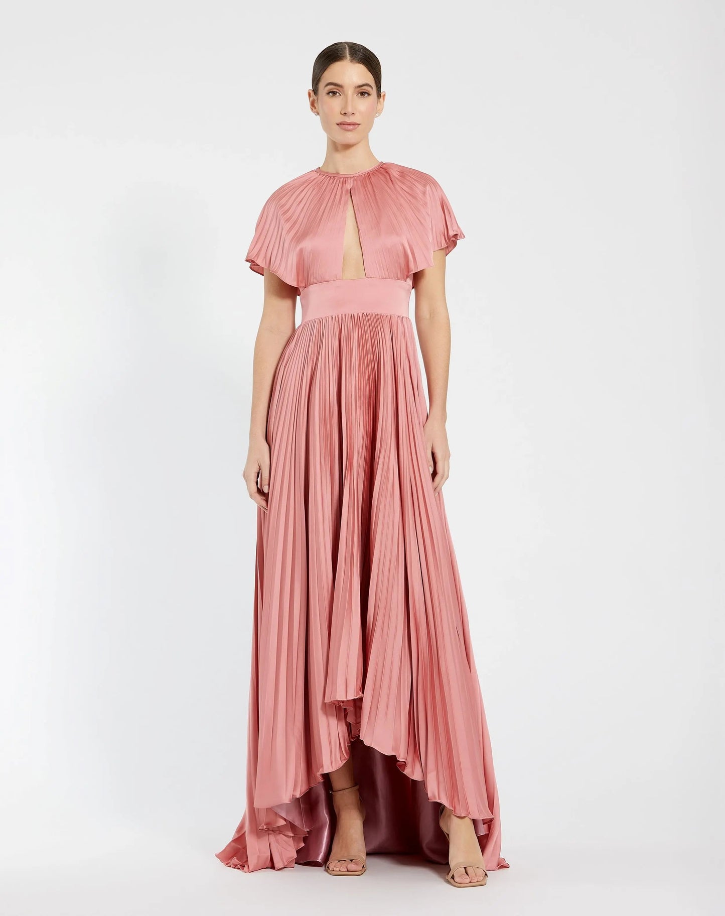 Pink Front Cutout High Low Pleated Gown