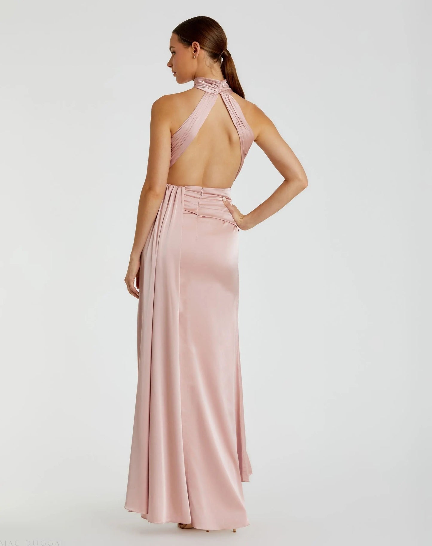 Pink Open Back High Neck Side Ruched Gown