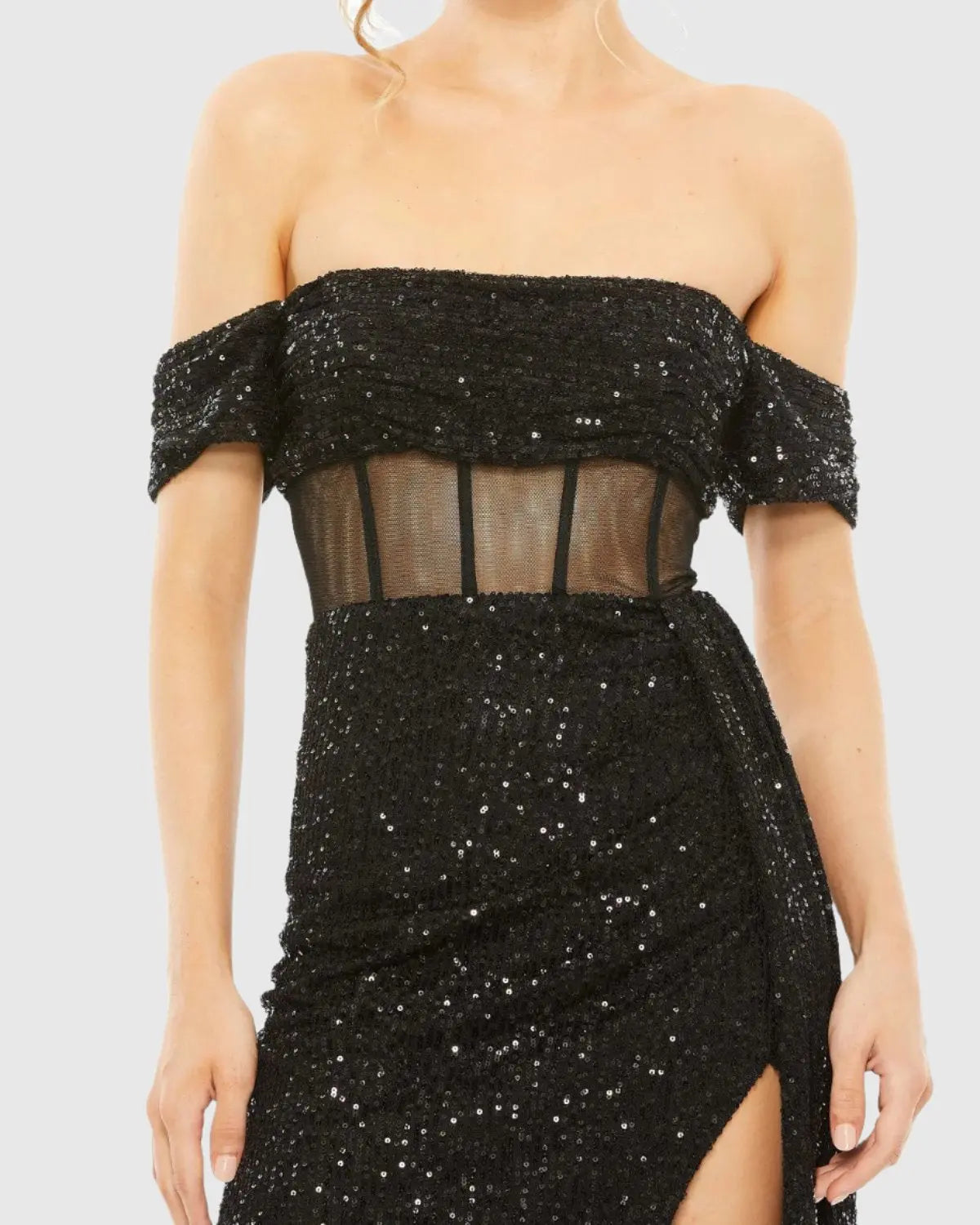 Black Off-the-Shoulder Sequined Corset Gown with Slit