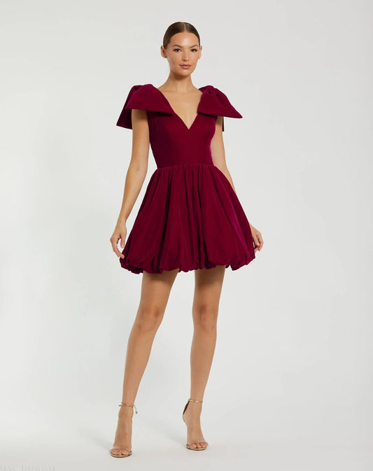 Red Velvet Shoulder Bow Bubble Mini Dress
