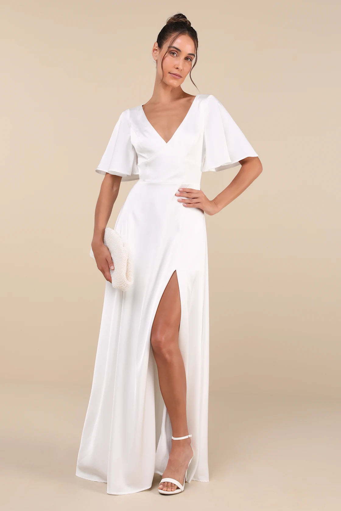 Elegant Confidence Navy Satin Flutter Sleeve Cutout Maxi Dress