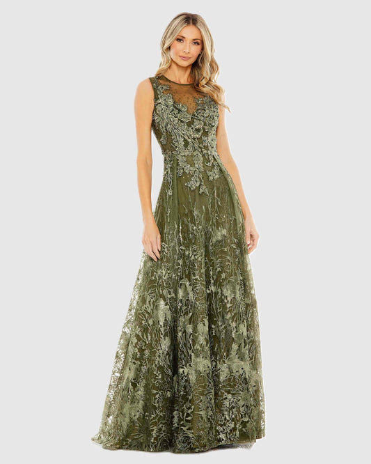 Green Embellished Embroidered Sleeveless A Line Gown