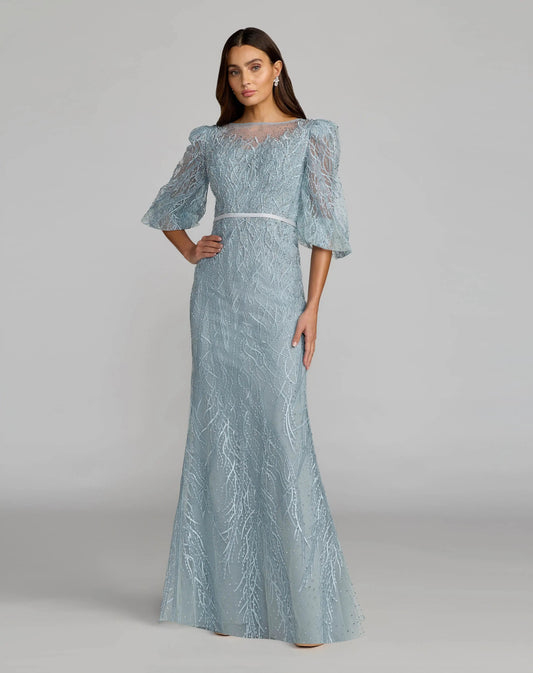 Blue Embroidered Boat Neck Puff Sleeve Gown