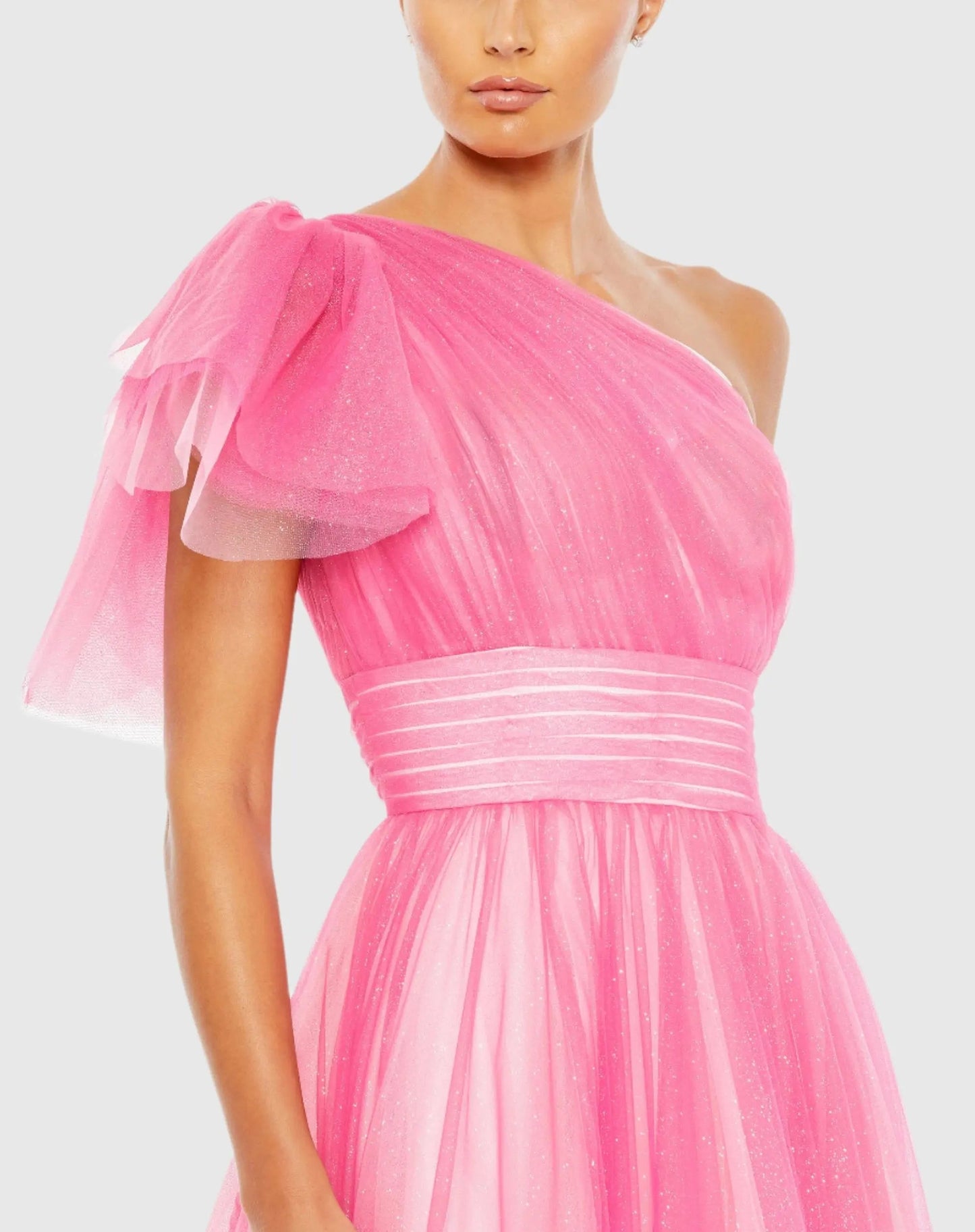 Pink Glitter Ombre Ruffled One Shoulder Ballgown - FINAL SALE