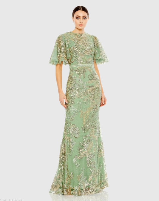 Green Embellished Flutter Sleeve High Neck Gown
