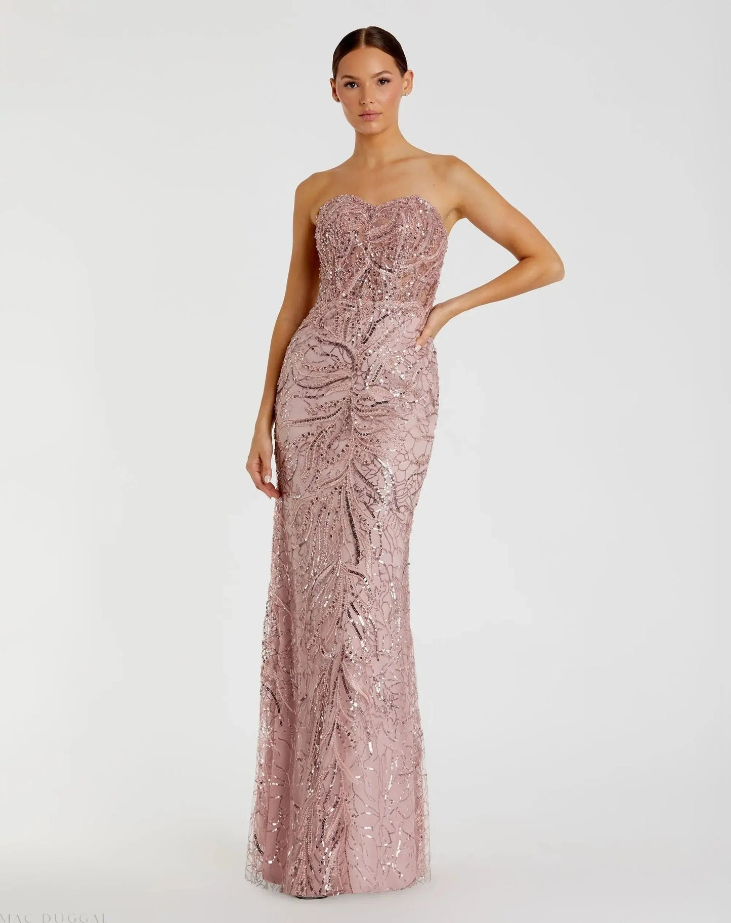 Pink Beaded Sequin Strapless Trumpet Gown