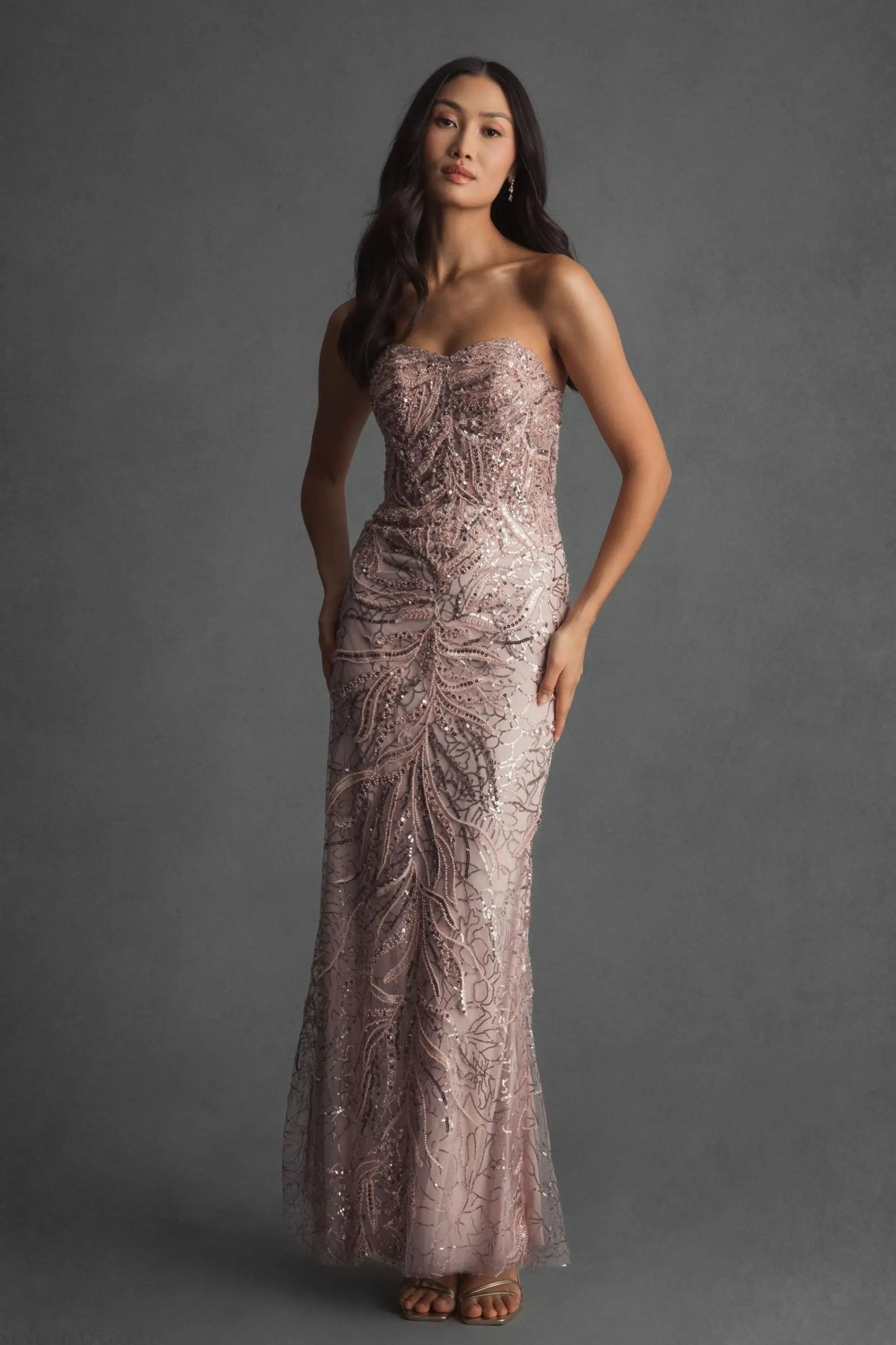 Pink Beaded Sequin Strapless Trumpet Gown