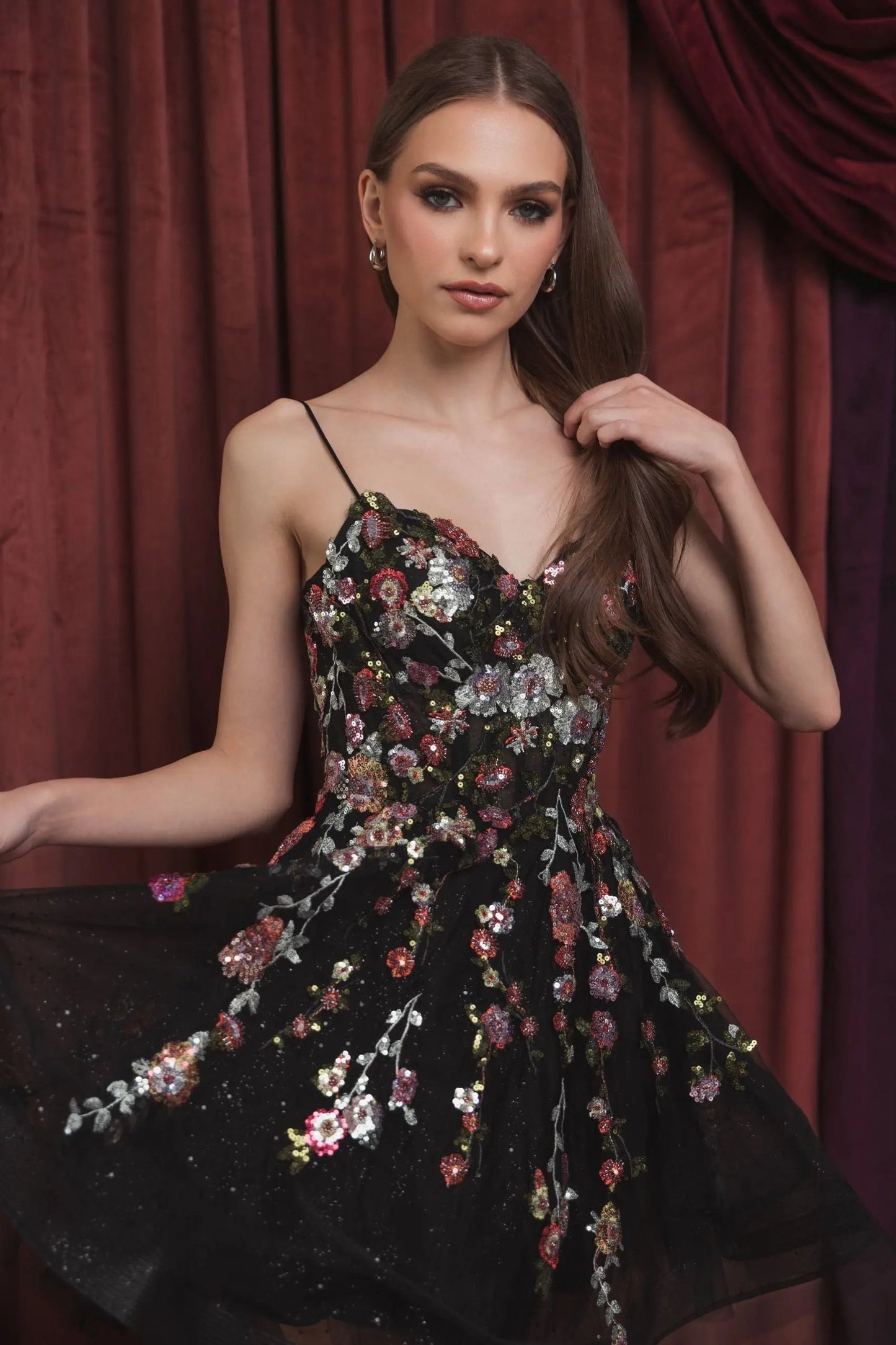 Black Thin Strap Floral Embroidered Mini Dress