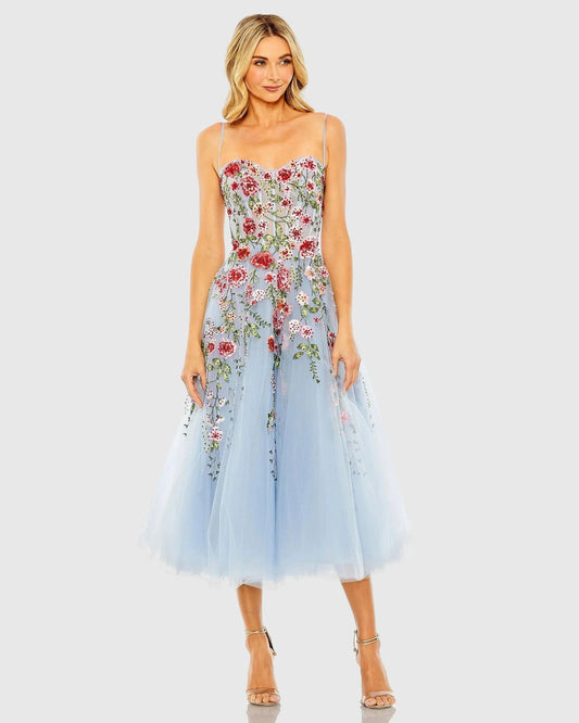 Blue Bustier Embroidered Floral A-Line Dress