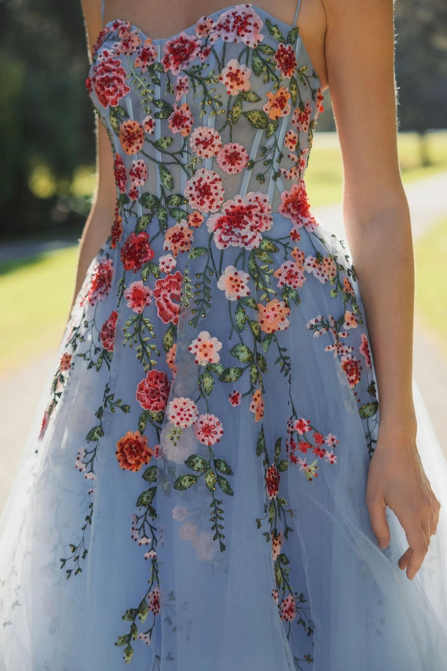 Blue Bustier Embroidered Floral A-Line Dress