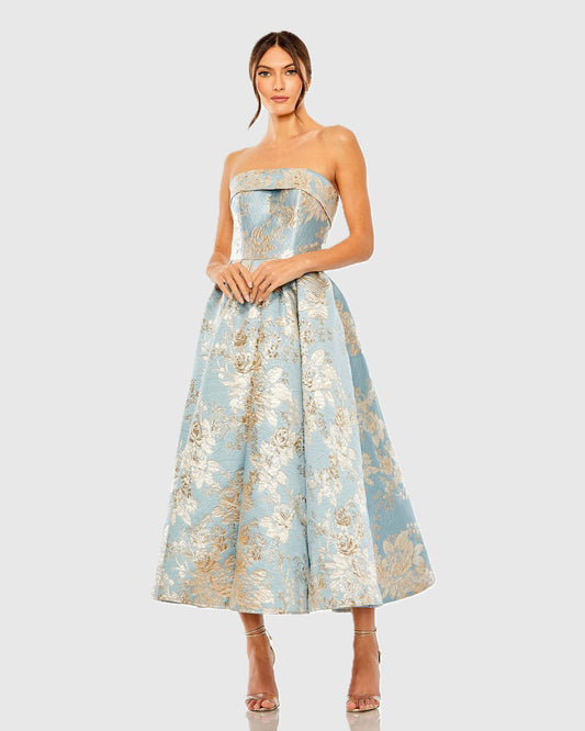Blue Strapless Brocade Midi Dress with Pockets