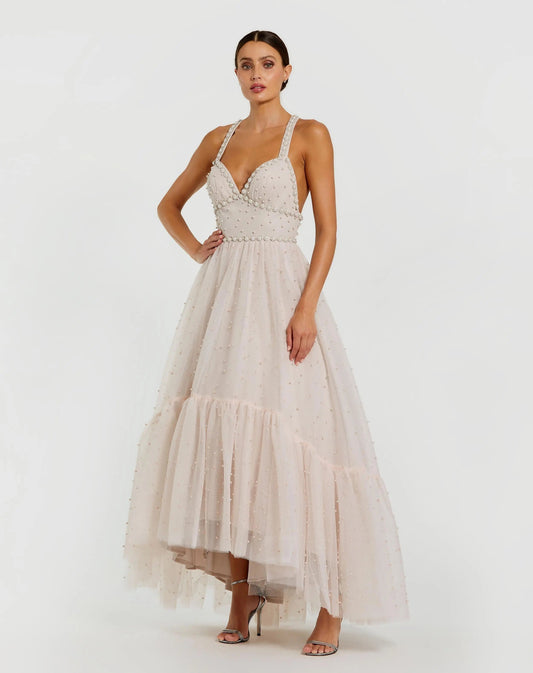 Light Pink Pearl Beaded High Low Gown