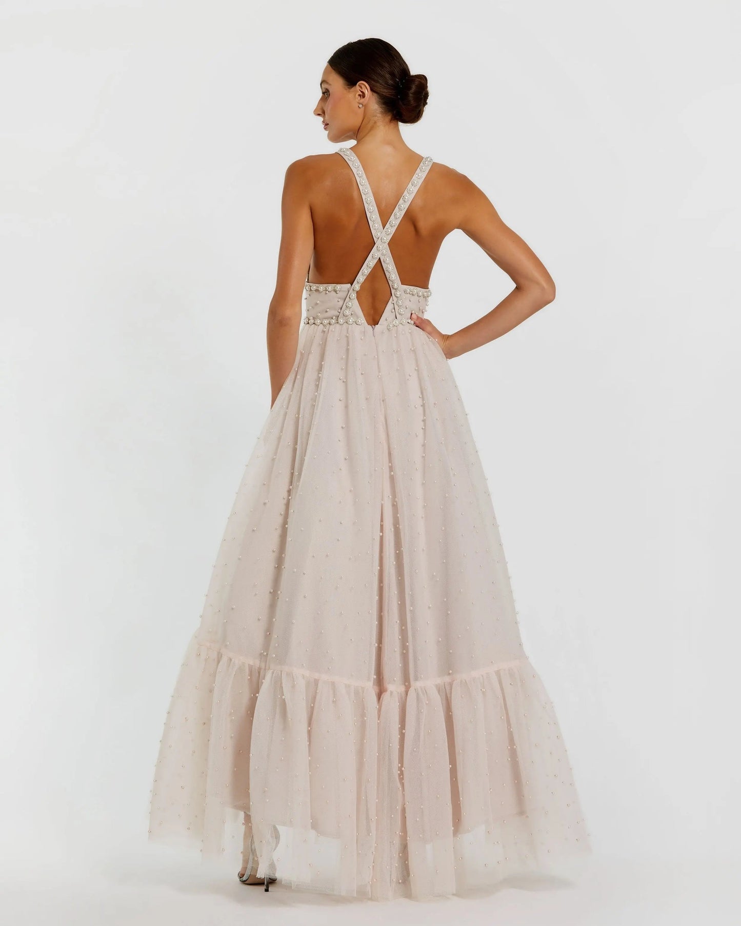 Light Pink Pearl Beaded High Low Gown