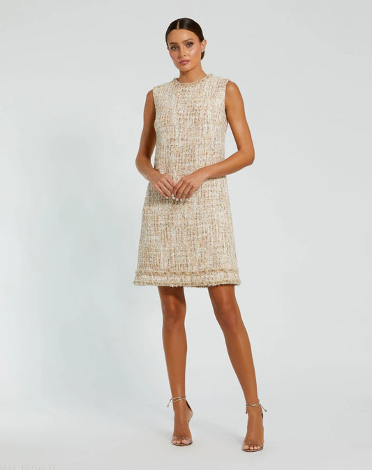 Beige Beaded Trim A-Line Mini Shift Dress