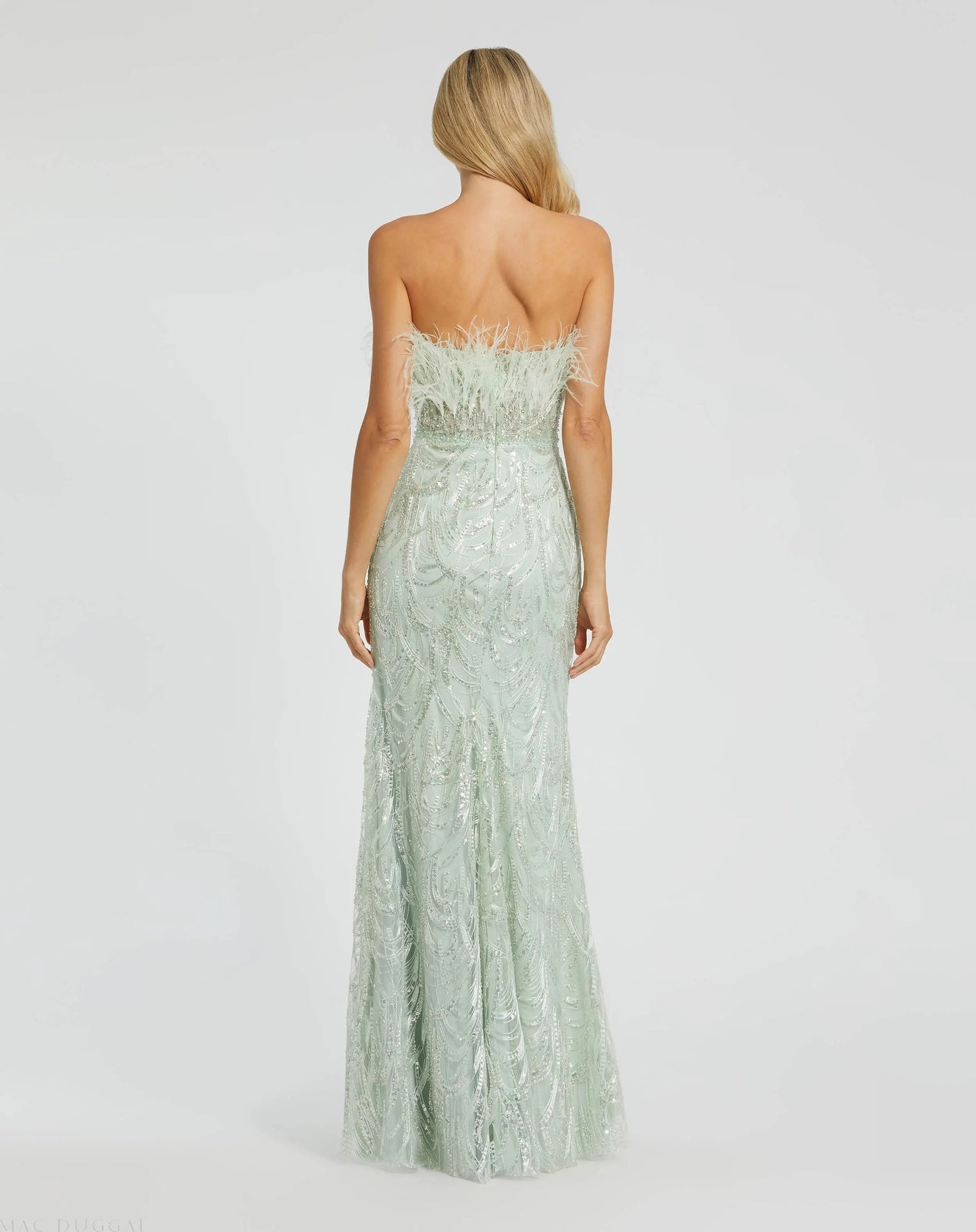 Green Strapless Feather Bustier Gown with Embroidery