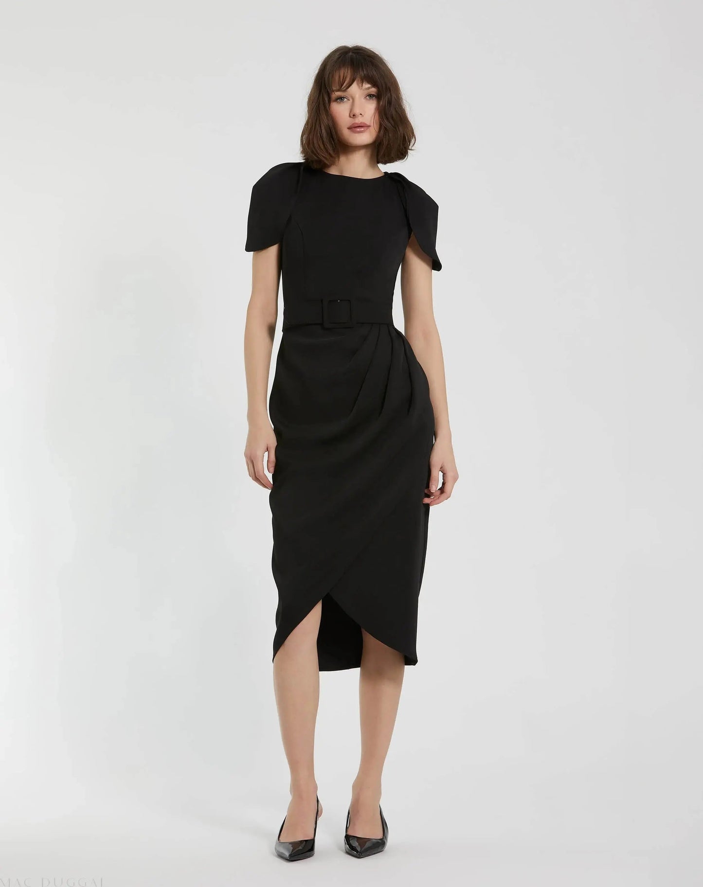 Black Crepe Boat Neck Midi Tulip Dress With Belt