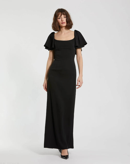Black Crepe Fitted Long Dress With Short Ruffle Sleeves - FINAL SALE