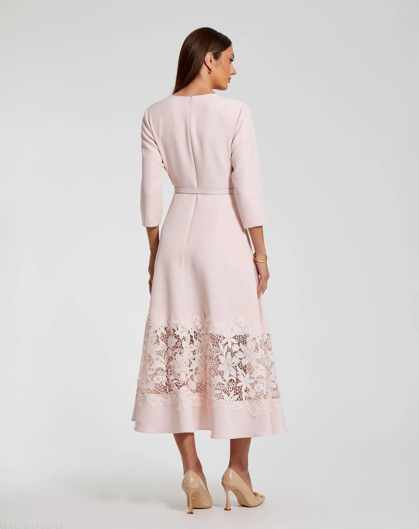 Pink Crepe Boat Neck Midi Dress With Applique Cut Out