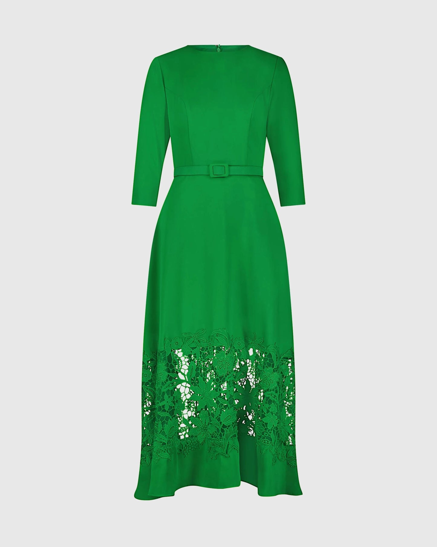 Green Crepe Boat Neck Midi Dress With Applique Cut Out