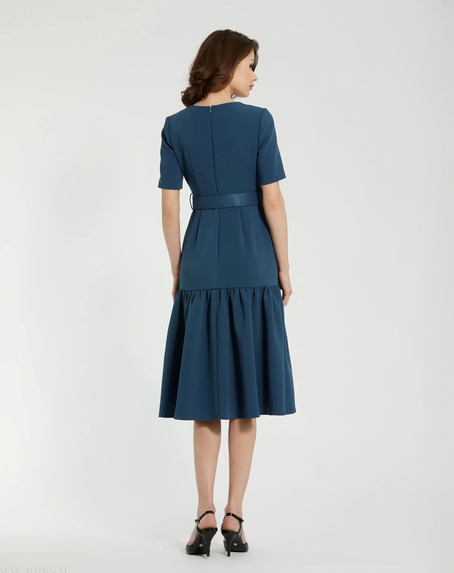 Blue Crepe 3/4 Sleeve Midi Dress With Belt And Pockets