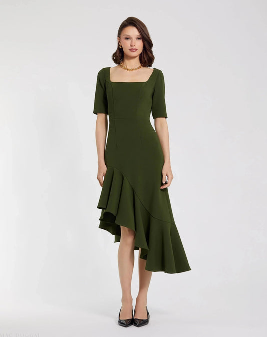 Green Crepe 3/4 Sleeve Asymmetrical Hem Dress