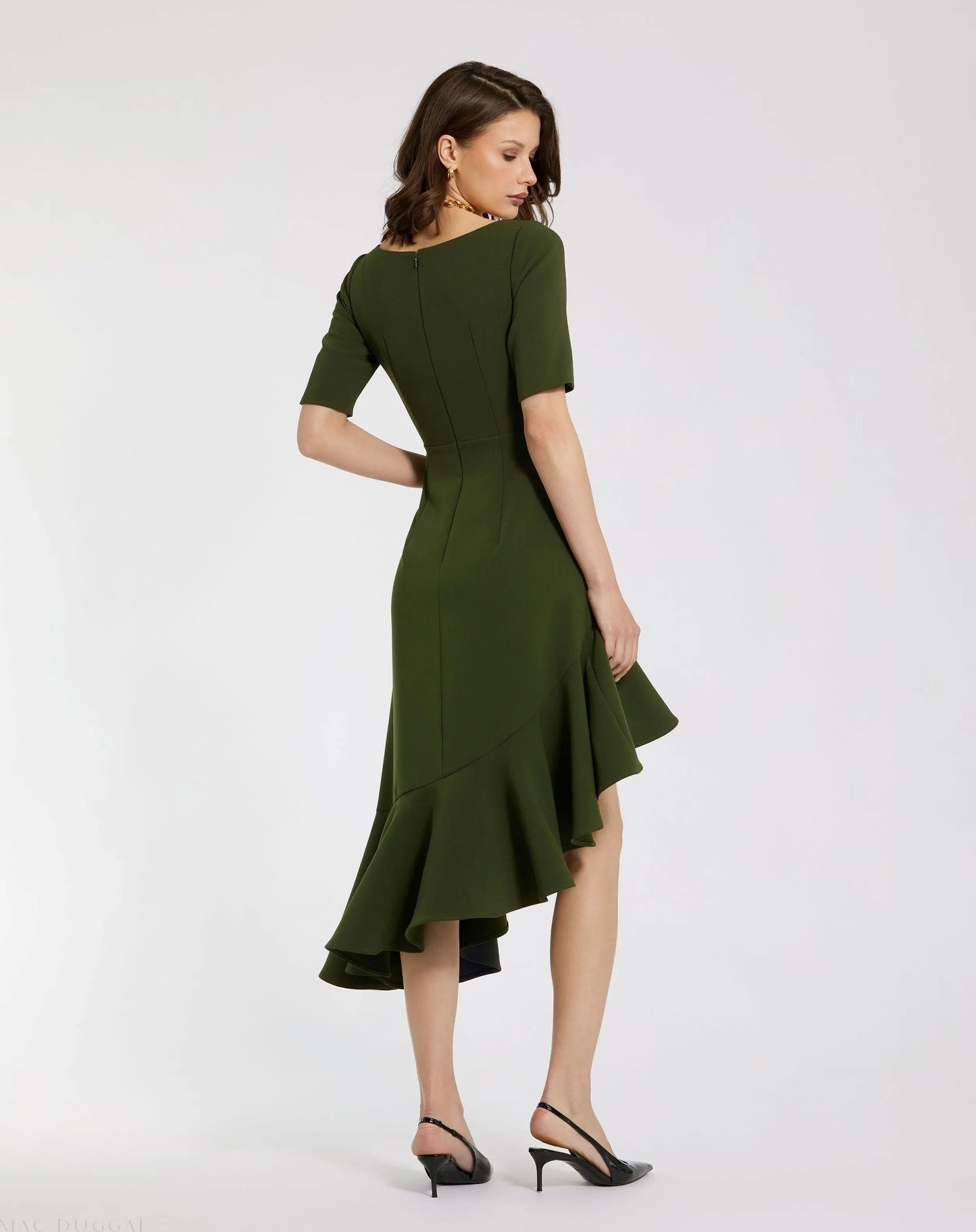 Green Crepe 3/4 Sleeve Asymmetrical Hem Dress