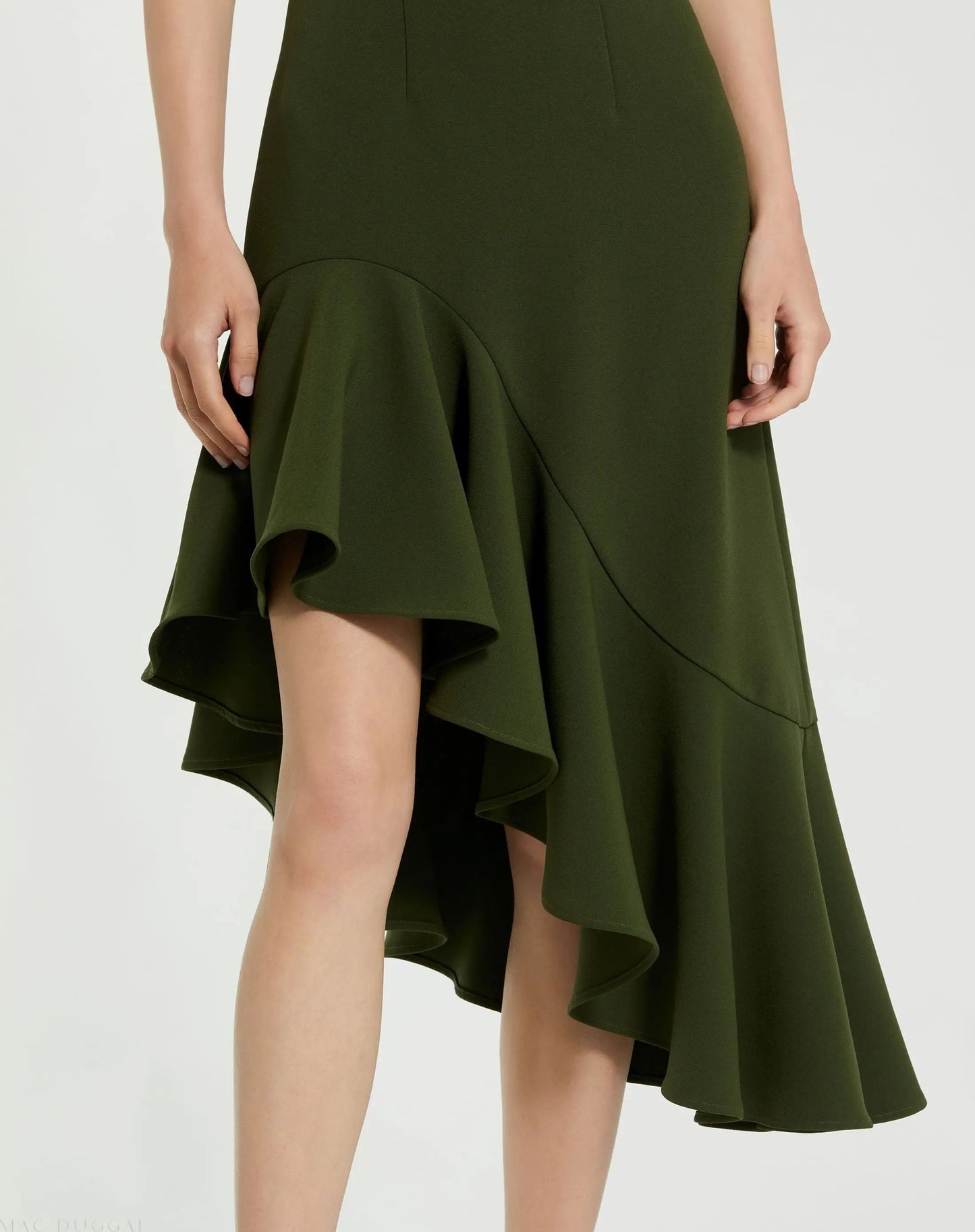 Green Crepe 3/4 Sleeve Asymmetrical Hem Dress