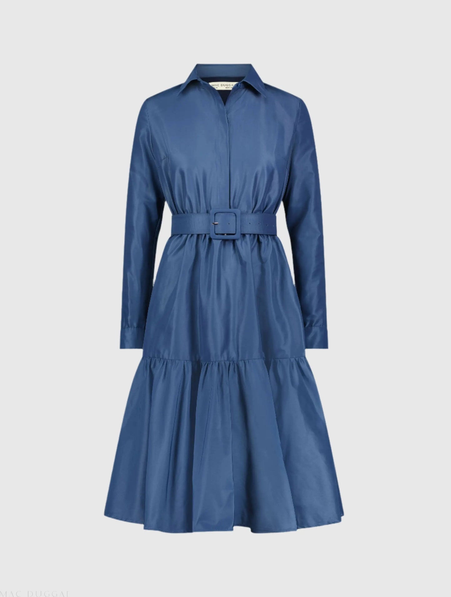 Blue Faille Long Sleeve Collared Midi Dress With Belt - FINAL SALE
