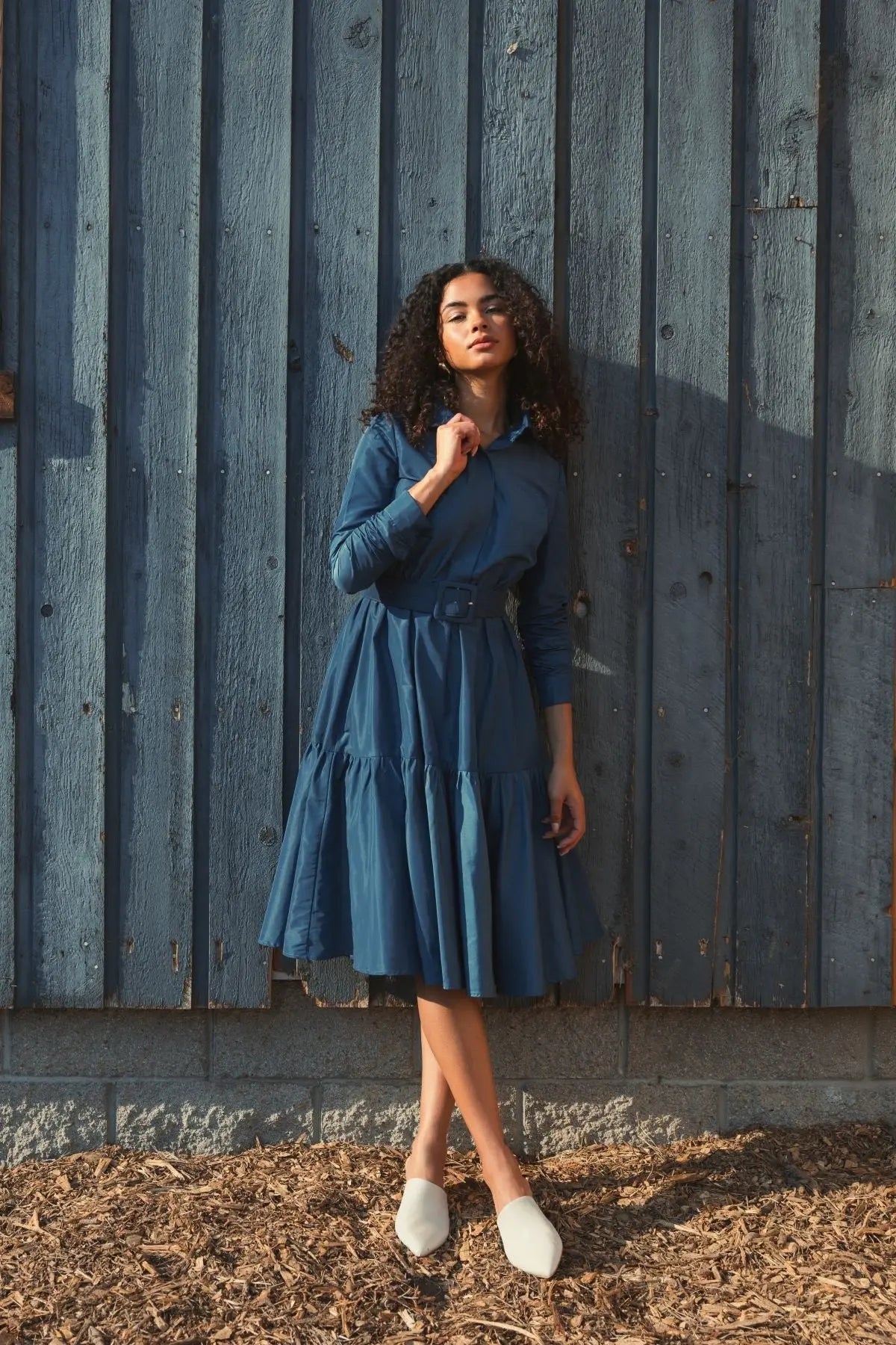 Blue Faille Long Sleeve Collared Midi Dress With Belt - FINAL SALE