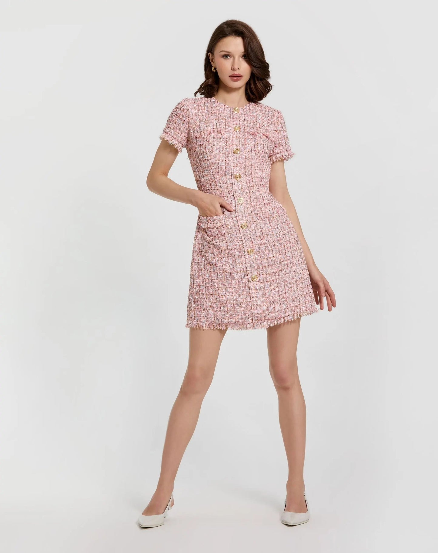 Pink Boucle Short Sleeve Mini Dress With Pockets