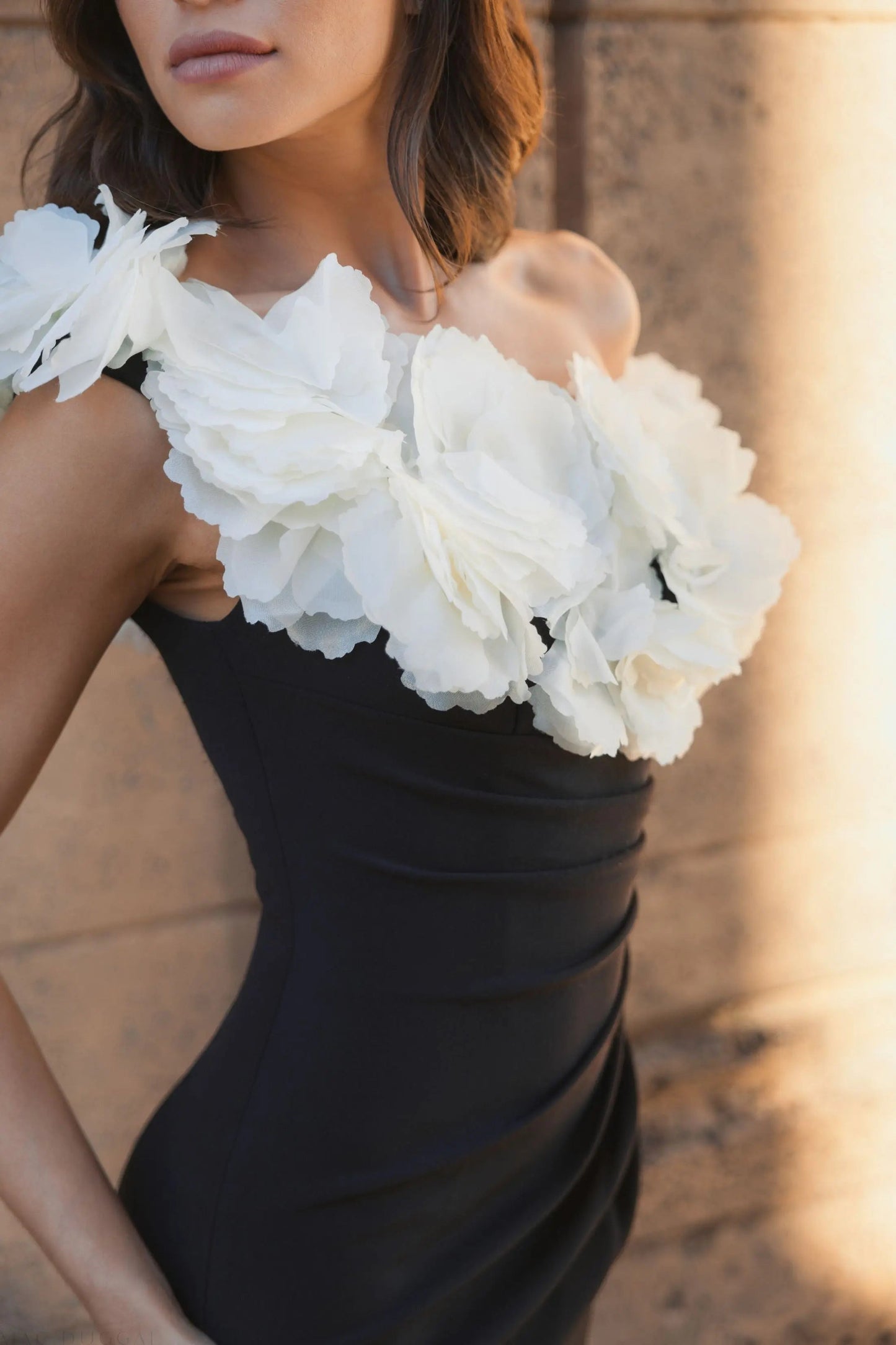 Black and White Jersey Gown With 3D Flower Off The Shoulder Detail