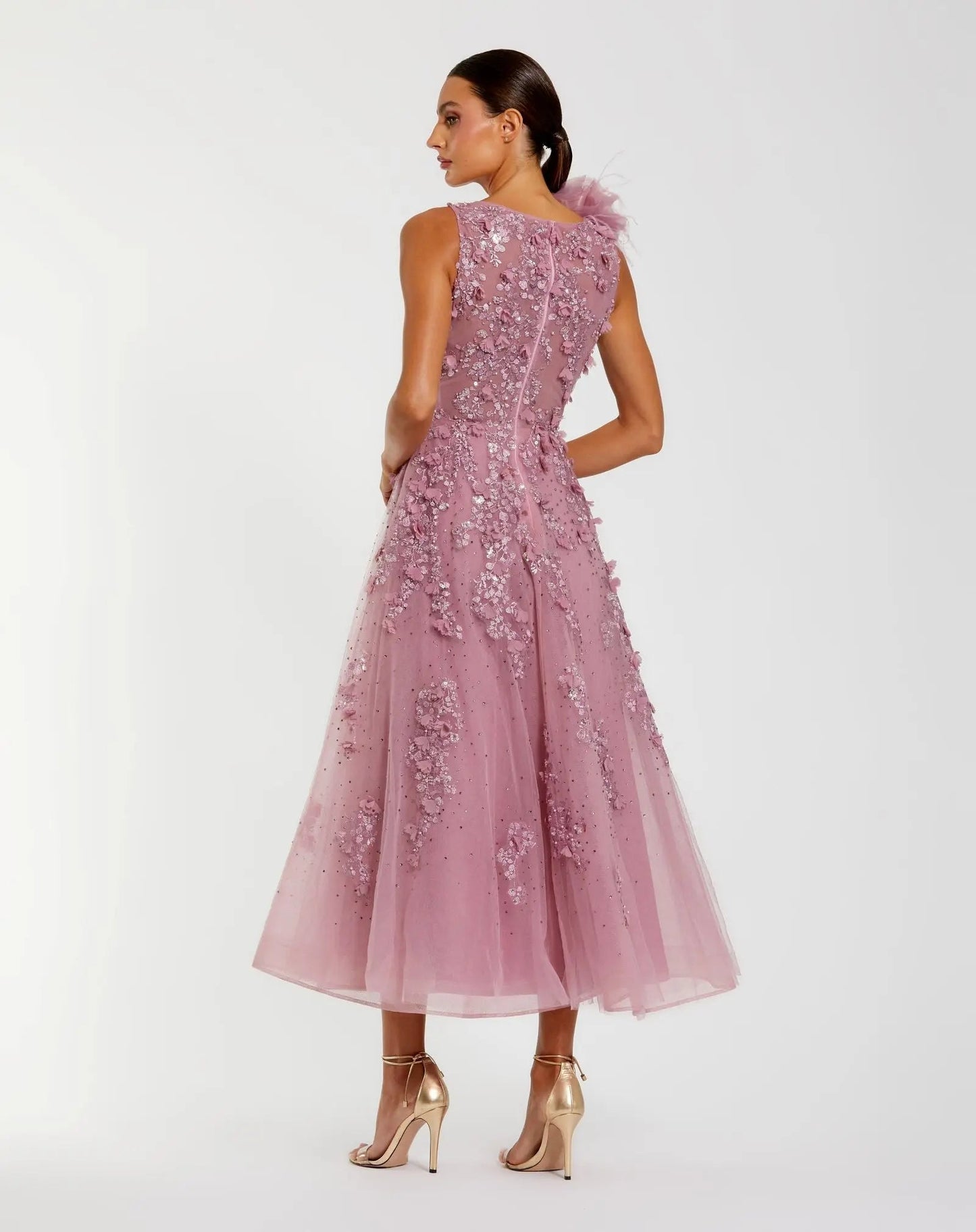 Purple High Neck Embellished Midi Dress with 3D Flower