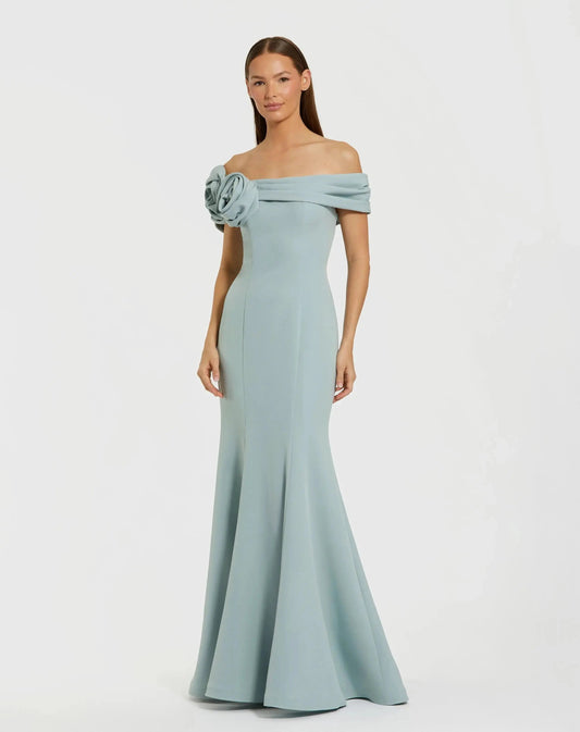 Blue Off The Shoulder Crepe Mermaid Gown