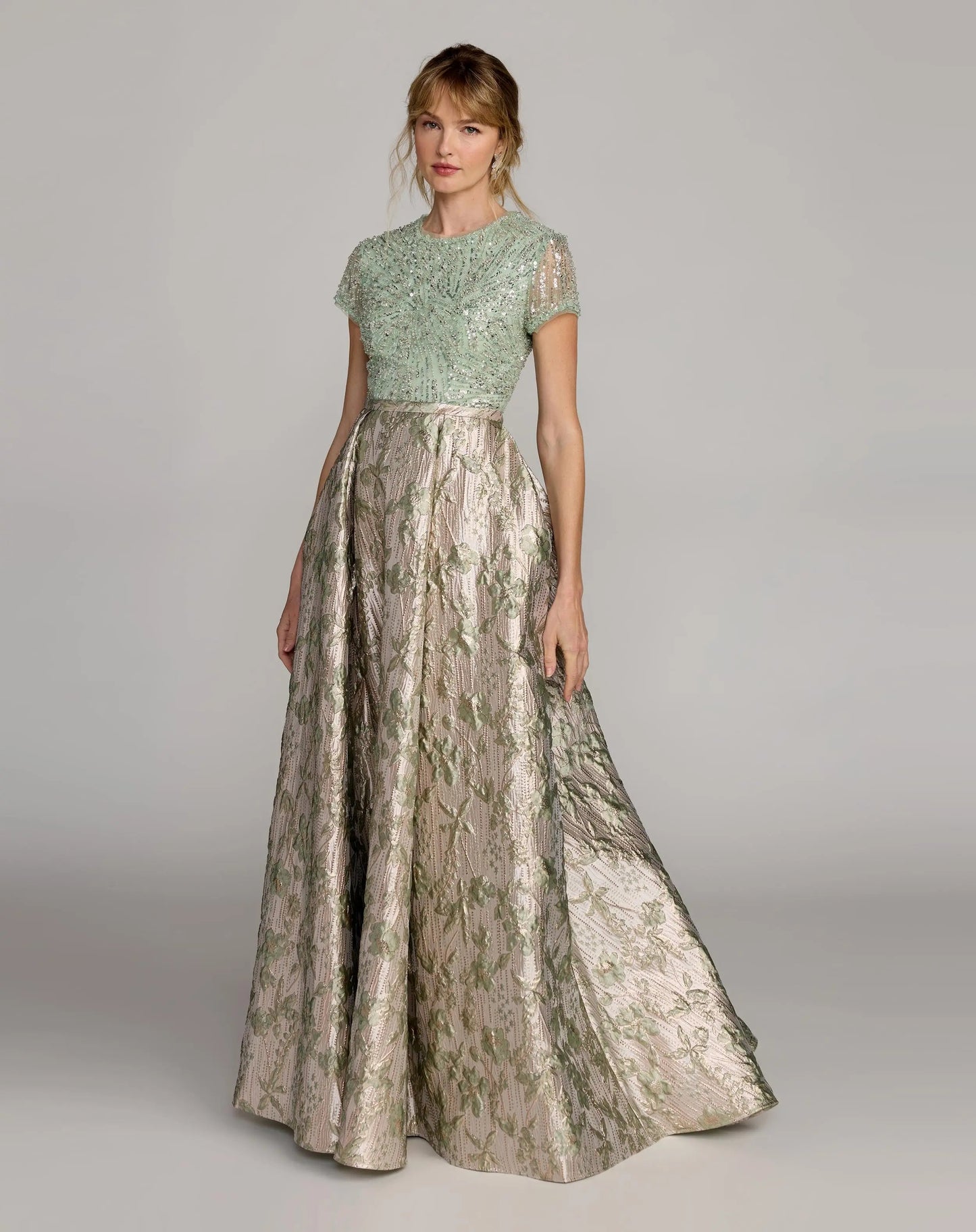 Green Sequin Cap Sleeve Brocade Ball Gown