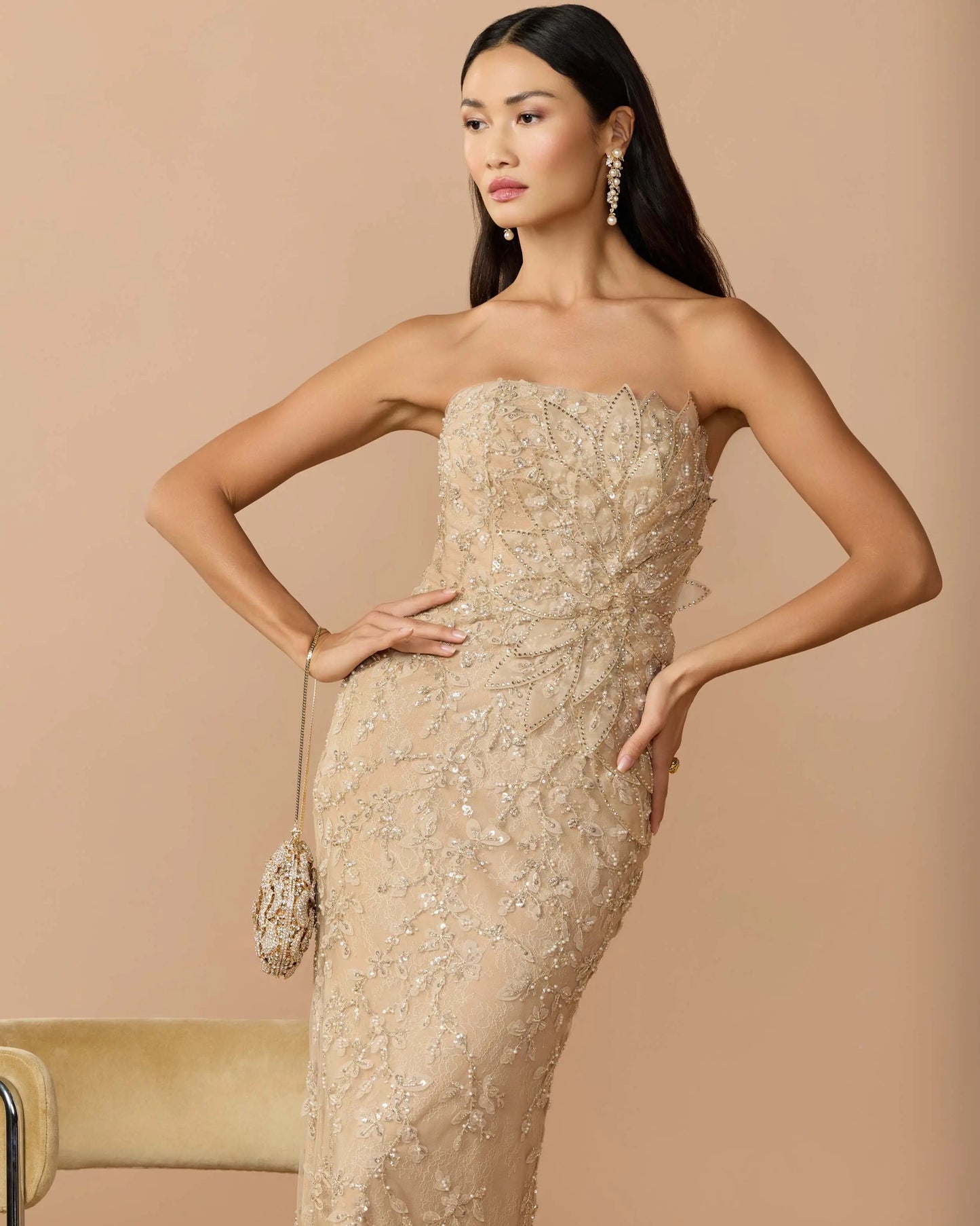 Beige Strapless Embellished Lace Gown with 3D Flower