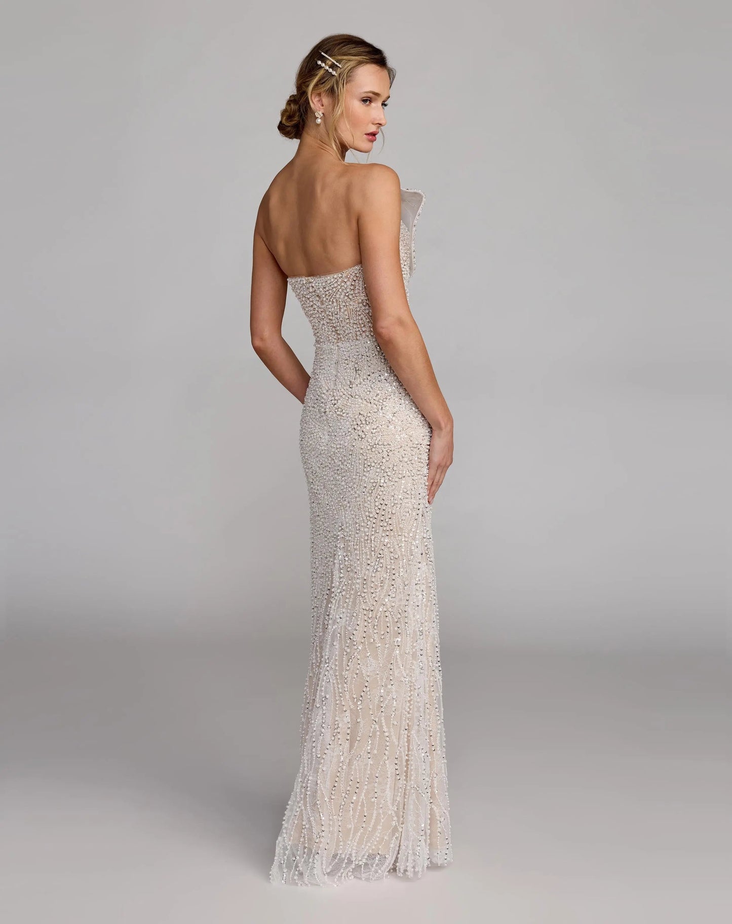 Ivory Strapless Embellished Column Gown with Bow