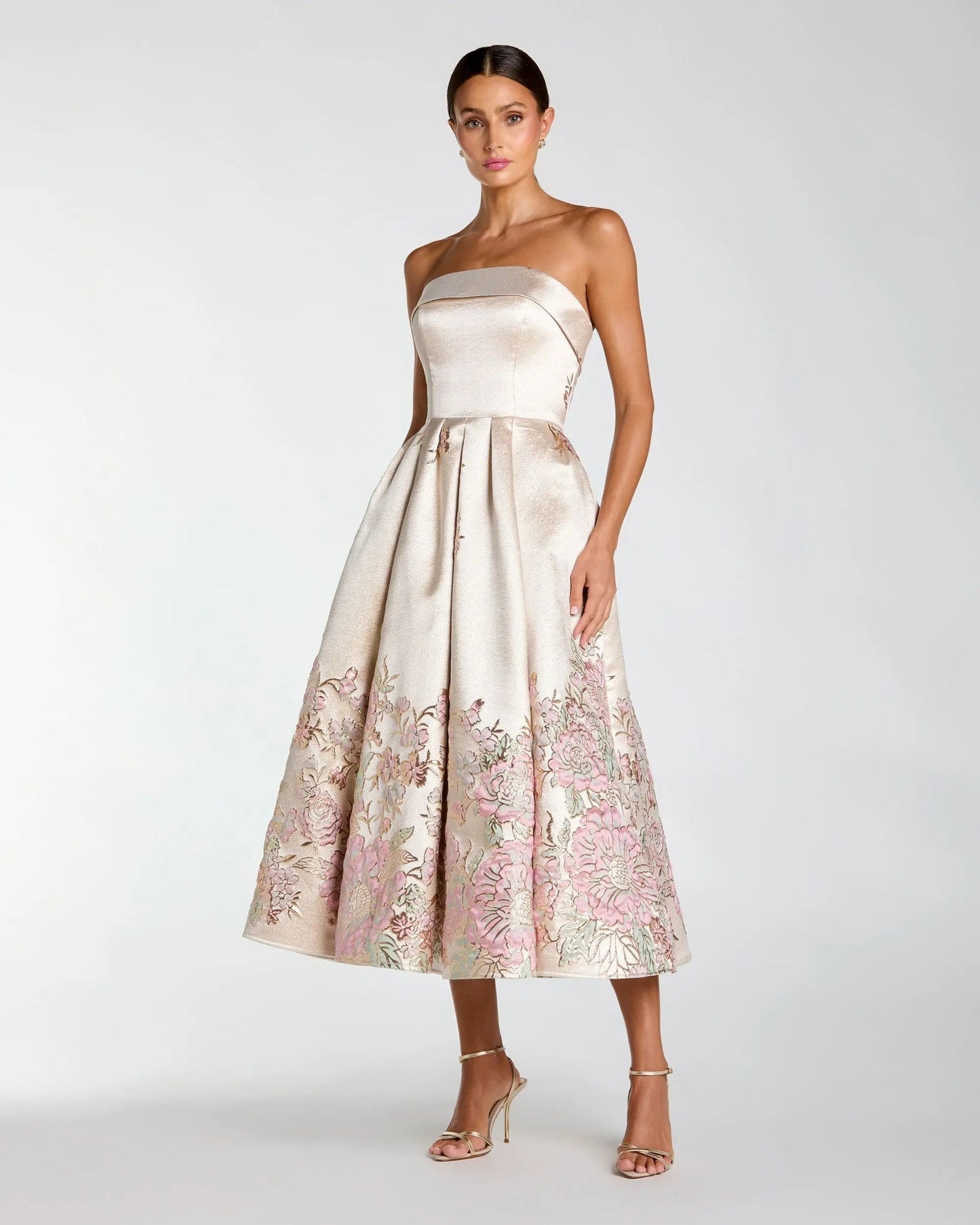 Ivory Strapless Brocade A Line Midi Dress