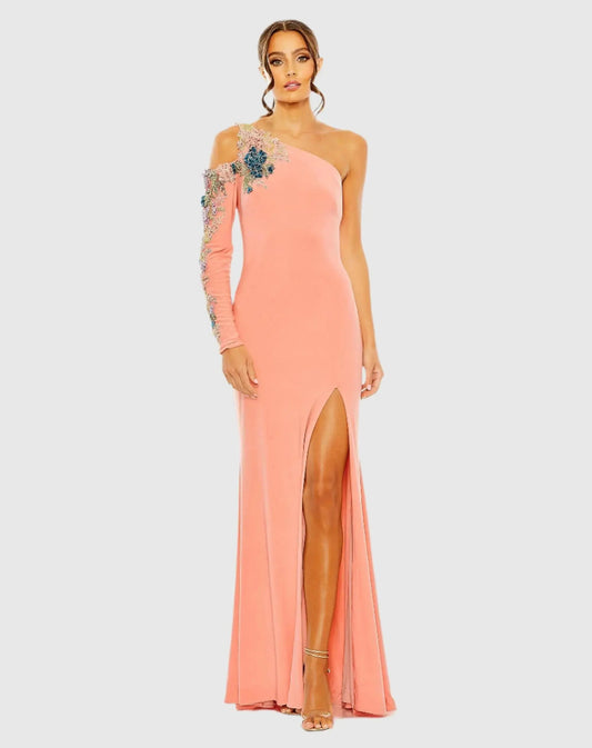 Pink One Shoulder Long Sleeve Floral Embellished Gown